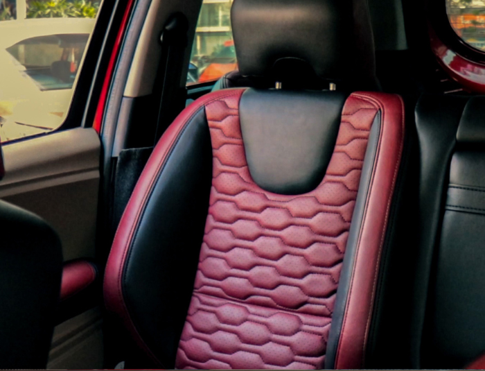 Customized red leather seats and interior upgrade for Mahindra TUV 300 by AutoStarke.